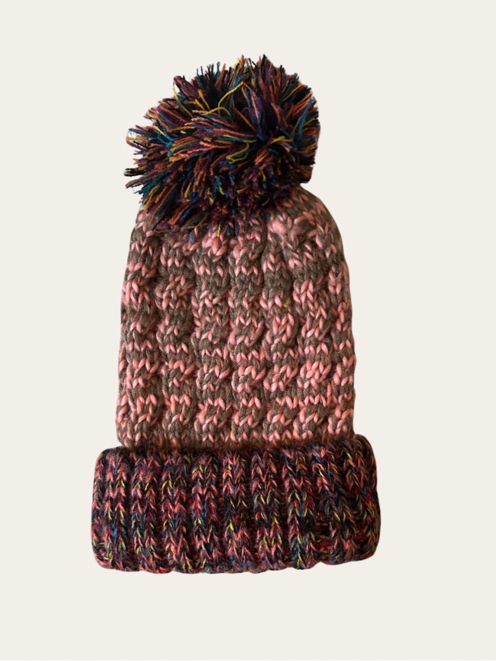 Do Everything In Love Pink Brown Cable Knit Pom Pom Beanie Hat